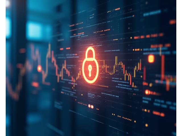 金融數據圖表和一個數字化鎖頭,暗示金融業風控