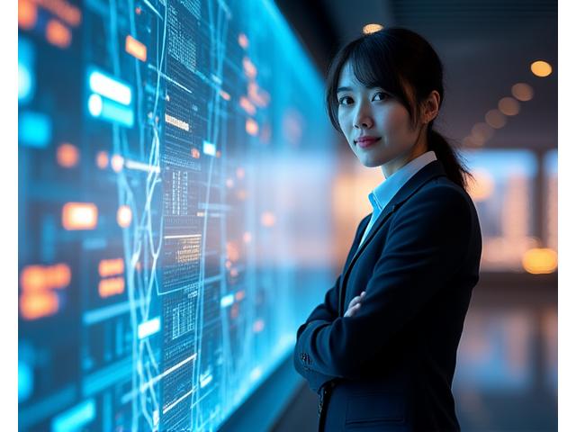 數位轉型英雄照片:一位商務人士站在巨型互動式介面前,螢幕顯示著數據圖表和全球互聯網絡,象徵著企業在數字化浪潮中駕馭複雜性,迎向未來。色彩融合了科技藍與品牌黃,展現專業與創新。
