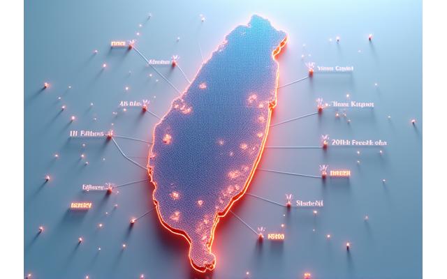 以台灣地圖為基礎的熱力圖,視覺化呈現台灣新創公司的分佈、密度與主要產業類別,並疊加了政府新創孵化器和創投機構的位置訊息。