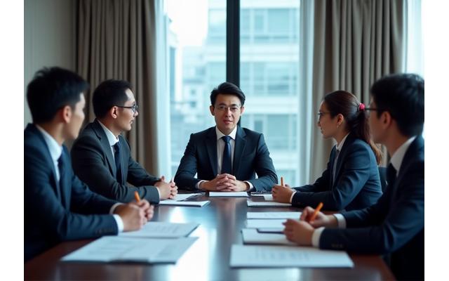多位投資人和一位創業家在寬敞的會議室中進行募資簡報,桌上展示著財務報表和商業計畫書,氣氛嚴謹而充滿期待。