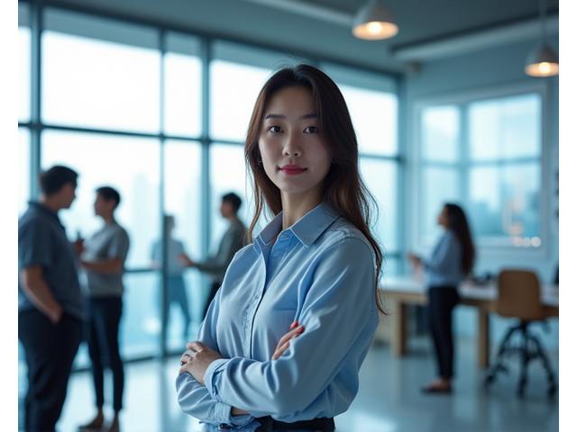 一位年輕的創業家自信地站立在台北市中心的現代辦公室中,背景展示著充滿活力的台灣新創團隊討論數據圖表,象徵著創業的活力與潛力。