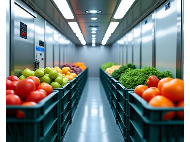 新鮮蔬果在冷藏運輸卡車內的畫面,顯示溫度監控儀器,象徵食品業冷鏈優化