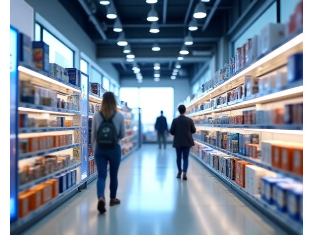 一家現代化零售商店的貨架商品排放整齊,有即時庫存顯示和客戶購物場景,象徵智慧零售管理