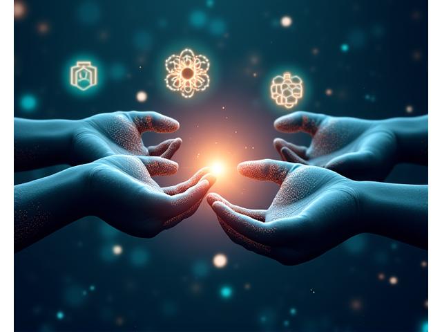 多個手掌匯聚在一起,每個手掌上都有代表IoT、AI、區塊鏈和數據分析的圖標,中間發出光芒,象徵數字技術整合